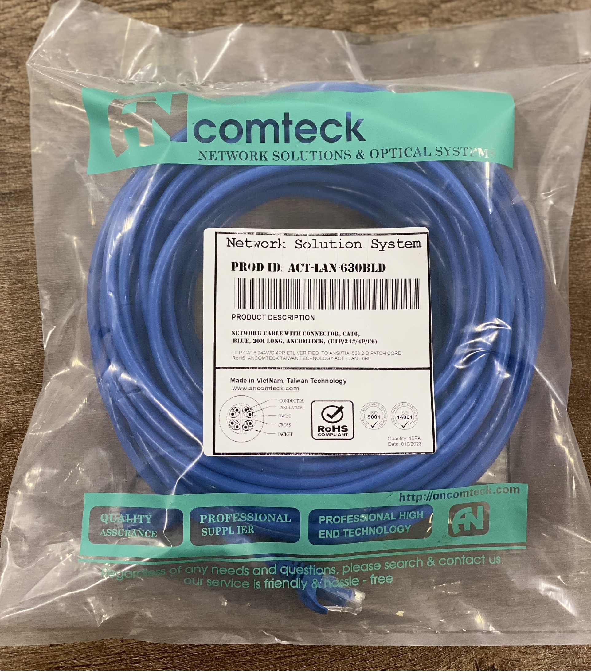 Dây nhảy PATCH CORD CAT6 UTP 30M lõi đồng 100% pass Fluke, đầu đúc ACT-LAN-630BLD