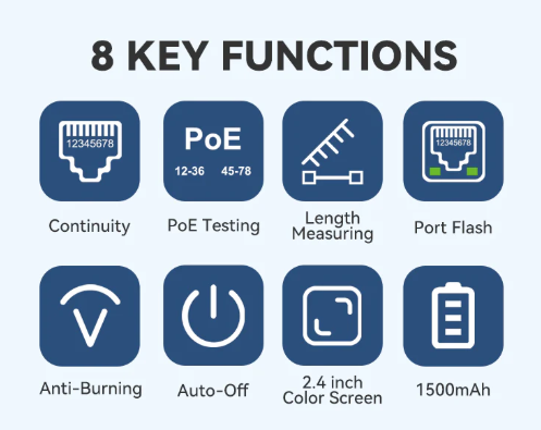 NF-8504 Kiểm tra thông mạch, chiều dài, trạng thái cổng và chẩn đoán PoE, màn hình LCD màu 2.4 inch.