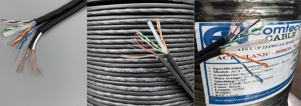 Cáp mạng liền nguồn Cat6 UTP   2C lõi đồng liền nguồn ANCOMTECK mã ACT-6LAN2C-305BK