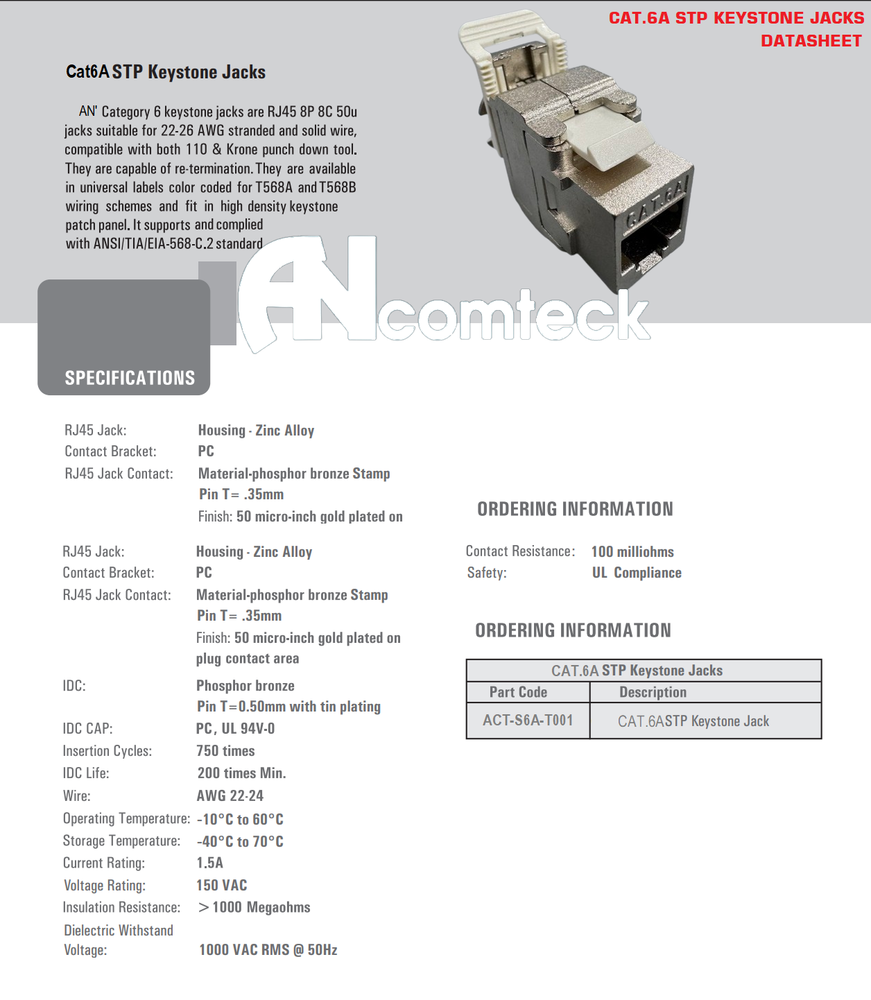 Ổ cắm RJ45 đa năng CAT6A FTP Shielded có chống nhiễu (100/1000) Ancomteck , mã ACT-S6A-T001