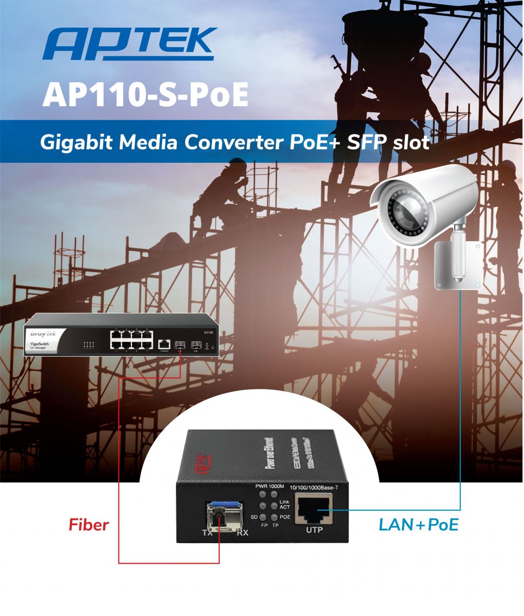 APTEK AP110-S-PoE Bộ chuyển đổi quang điện (Slot SFP) cấp nguồn PoE chuyên dụng cho hệ thống Camera,