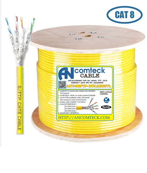 Dây Cáp CAT8 SFTP Dạng Xoắn 23AWG tốc độ 40G 2000MHz Hỗ Trợ PoE, ACT-8SFTP- BULK305YL