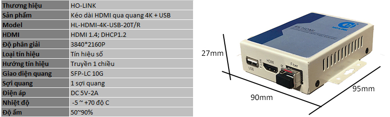 Bộ kéo dài HDMI sang quang 4K kèm cổng USB HL-HDMI-4K-USB-20TR