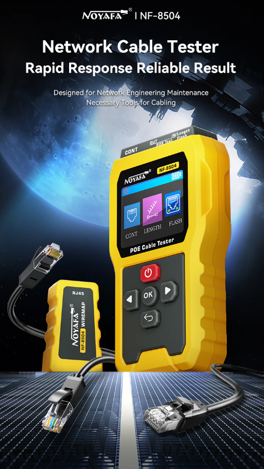 NF-8504 Kiểm tra thông mạch, chiều dài, trạng thái cổng và chẩn đoán PoE, màn hình LCD màu 2.4 inch.