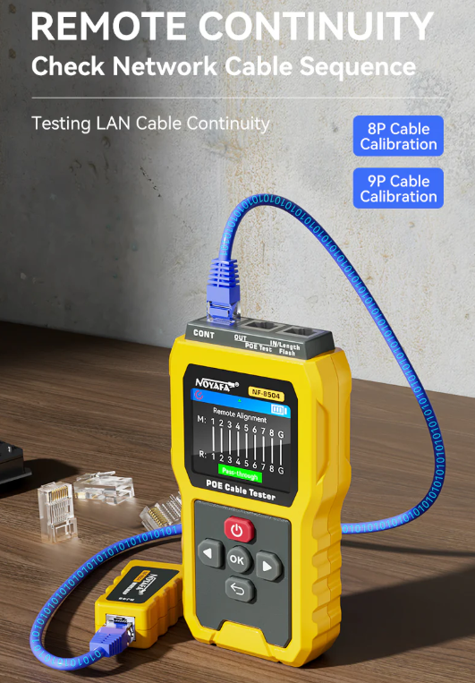NF-8504 Kiểm tra thông mạch, chiều dài, trạng thái cổng và chẩn đoán PoE, màn hình LCD màu 2.4 inch.
