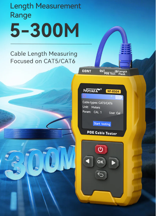 NF-8504 Kiểm tra thông mạch, chiều dài, trạng thái cổng và chẩn đoán PoE, màn hình LCD màu 2.4 inch.