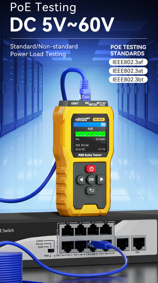 NF-8504 Kiểm tra thông mạch, chiều dài, trạng thái cổng và chẩn đoán PoE, màn hình LCD màu 2.4 inch.