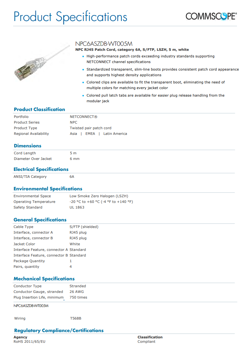 NPC6ASZDB-WT005M - NPC RJ45 Patch Cord, category 6A, SFTP, LSZH, 5M